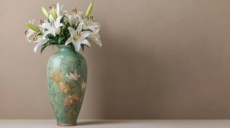 A stunning green vase filled with fresh white lilies, set against a soft neutral background. Perfect for home decor inspiration and floral arrangements.の素材