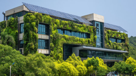 A stunning modern building showcases a vertical garden with lush greenery and solar panels, emphasizing eco-friendly architecture in an urban landscape.の素材