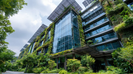 Discover a stunning example of sustainable architecture featuring a green facade adorned with lush plants and solar panels, set against a vibrant blue sky.の素材