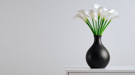 A stunning black vase holding fresh white calla lilies creates an elegant focal point for any modern interior. The simplicity and beauty enhance any space.の素材