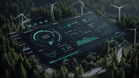 A detailed visualization dashboard showcasing renewable energy data, set against a backdrop of lush forests and wind turbines, highlighting sustainable technology.の素材