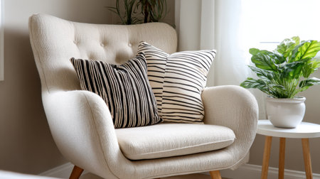 A cozy living room scene featuring a stylish armchair adorned with striped cushions, an indoor plant, and soft natural light filtering through the window.の素材