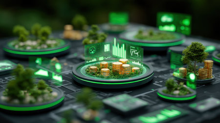 Explore a captivating digital landscape highlighting sustainable growth with stacked coins, green trees, and interactive charts, showcasing eco-friendly technology in finance.の素材