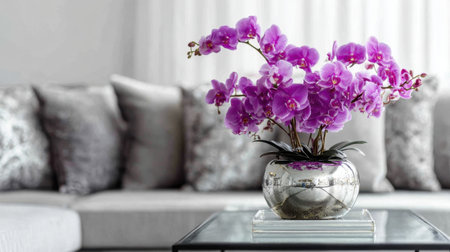 A stunning arrangement of purple orchids in a silver vase creates a serene atmosphere in a modern living room setting with cozy furniture.の素材