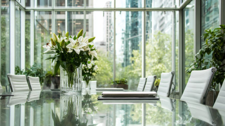 A sleek conference room adorned with a stunning floral arrangement, showcasing the beauty of nature alongside modern design elements and city views.の素材