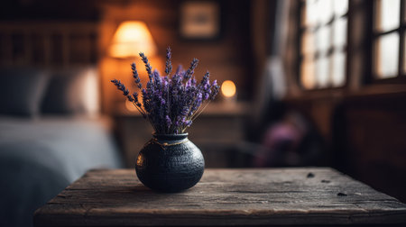 A stunning lavender arrangement displayed in a rustic vase on a weathered wooden table, creating a warm and inviting atmosphere in a cozy bedroom.の素材