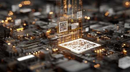 A captivating abstract image showcasing a QR code integrated into a circuit board, illuminated with golden highlights and soft glowing effects, representing modern technology.の素材