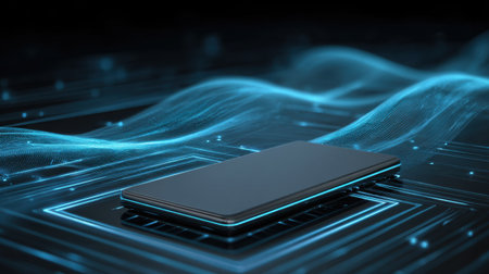 A sleek smartphone sits against a striking digital background, illuminated by futuristic blue waves and intricate circuit patterns, symbolizing technology and connectivity.の素材