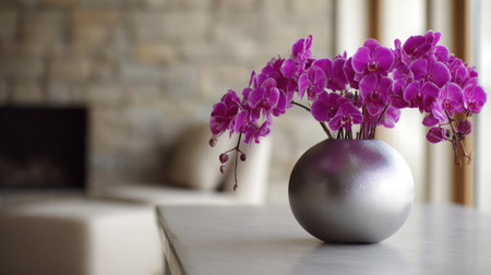 A stunning arrangement of vibrant pink orchids sits elegantly in a contemporary silver vase, enhancing the modern interior's beauty and tranquility.の素材