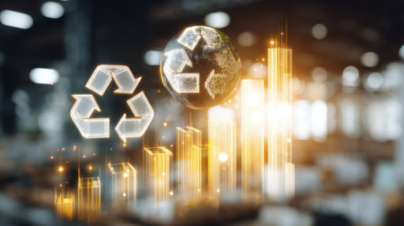 This image illustrates the concept of recycling with symbols, a globe, and ascending graphs, representing growth and the importance of sustainability in the modern world.の素材
