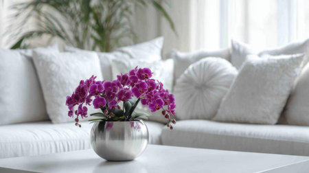 A stunning arrangement of vibrant purple orchids sits elegantly on a white table in a modern living room, creating a serene and tranquil atmosphere.の素材