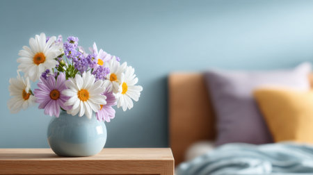 A bright and cheerful flower arrangement featuring daisies and lavender, placed gracefully in a light blue vase on a wooden table beside a cozy bedroom setting.の素材