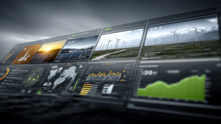 This stock photo depicts a modern digital interface showcasing data analytics for renewable energy sources like wind and solar. It highlights statistics and performance trends in a visually engaging format.の素材