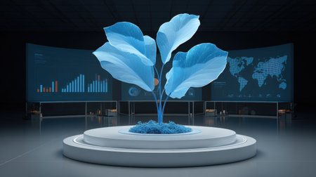 This captivating image showcases a blue digital plant in a modern workspace, emphasizing the intersection of nature and technology with data visualization screens.の素材