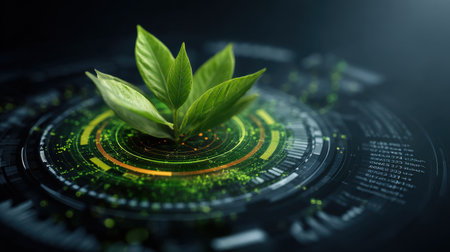 This captivating image features green leaves positioned on a sleek digital background, blending nature and technology to create an innovative visual concept.の素材