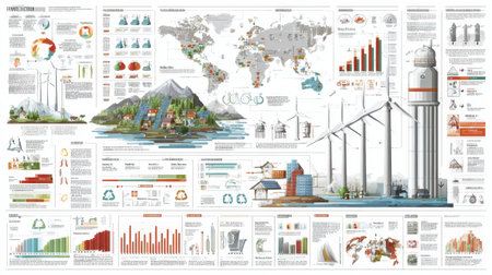 A comprehensive infographic showcasing various renewable energy sources and their environmental impacts through engaging visual data, maps, and charts.の素材