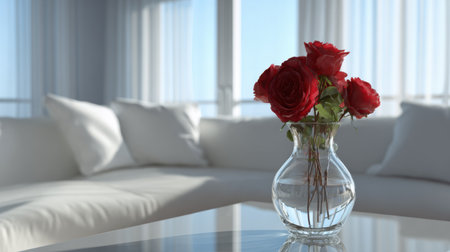 A beautiful arrangement of red roses in a transparent vase on a coffee table, capturing the essence of elegance and simplicity in a bright living room setting.の素材
