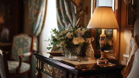 This stunning image captures a beautifully arranged vintage interior featuring an ornate lamp, a fresh floral arrangement, and elegant furniture.の素材