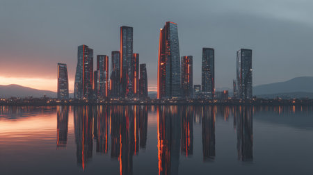 A stunning urban landscape featuring a collection of modern skyscrapers illuminated at dusk, their reflections shimmering on calm waters, framed by distant mountains.の素材