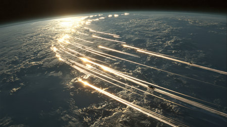 This breathtaking image showcases a celestial event above Earth, capturing sunlight reflections on the ocean surface, revealing stunning cloud formations.の素材