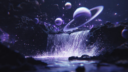 A stunning cosmic waterfall flows amidst a vibrant fantasy landscape filled with planets and sparkling stars, creating an enchanting visual experience.の素材