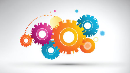 This vibrant illustration features colorful gears of various sizes representing teamwork and collaboration, ideal for technology, engineering, and innovation themes.の素材