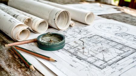 A collection of architectural blueprints and drafting tools displayed on a rustic wooden table, representing the design process in construction.の素材