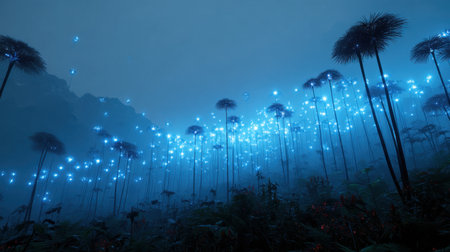 A surreal view showcasing bioluminescent plants glowing within a misty forest during the night, creating a magical and tranquil atmosphere.の素材