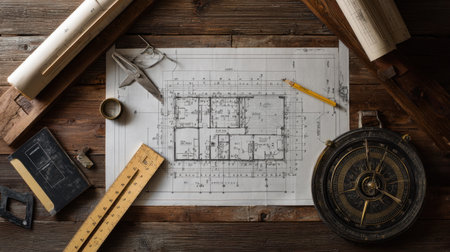 An artistic arrangement of an architectural blueprint and essential tools on a rustic wooden tabletop. Featuring a compass, ruler, and pencil, this image captures creativity and precision in design and drafting.の素材
