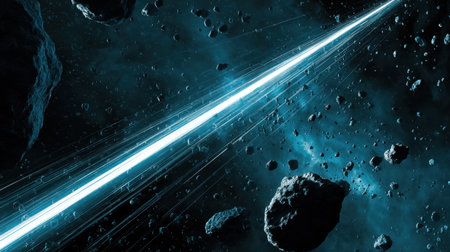 This stunning image captures a futuristic space scene, showcasing asteroids in a striking black and blue cosmos, highlighted by a bright energy beam.の素材