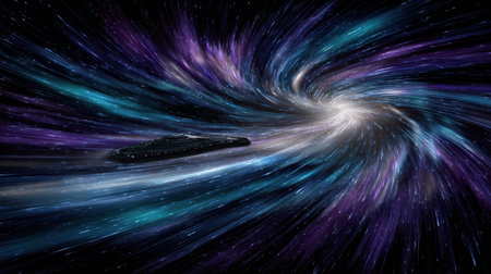 An imaginative representation of a spacecraft traveling through a swirling galaxy. The vibrant colors and dynamic motion create an otherworldly atmosphere, evoking a sense of adventure and exploration in the vast universe.の素材