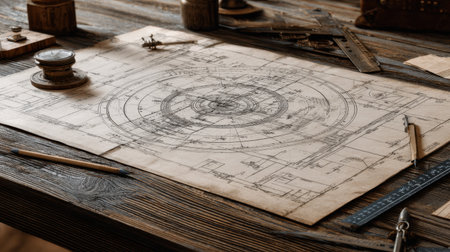 An intricate architectural blueprint is laid out on a rustic wooden table, surrounded by drafting tools and vintage items, showcasing artistic design and craftsmanship.の素材