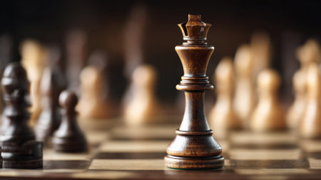 This image features a wooden chess king piece at the forefront, emphasizing intricacy and craftsmanship, with pawns and bishops blurred in the background, creating a strategic atmosphere.の素材