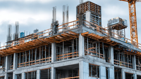 A dynamic view of a construction site with a crane and steel framework, showcasing the ongoing development in an urban landscape against a cloudy sky.の素材
