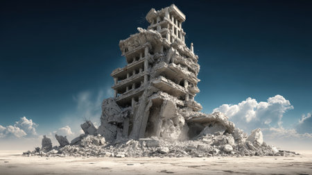 This striking image captures an abandoned, crumbling building amidst a desolate landscape, showcasing decay and the impact of time. The vast blue sky and clouds add a dramatic backdrop, evoking feelings of isolation and loss.の素材