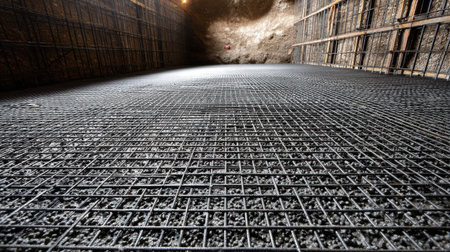 A visible construction scene showcasing a concrete foundation preparation with a steel rebar framework on a construction site. The intricate grid design highlights the careful planning necessary for a robust structure.の素材
