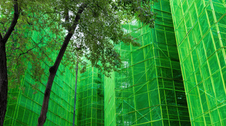 A striking view of vibrant green scaffolding enveloping a construction site, surrounded by lush trees, showcasing a blend of urban development and nature.の素材
