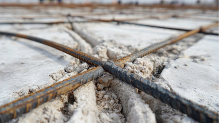 A close-up shot showcasing the intricate details of a construction site, featuring steel reinforcement bars intersecting on a layer of dry cement. Ideal for illustrating engineering concepts.の素材