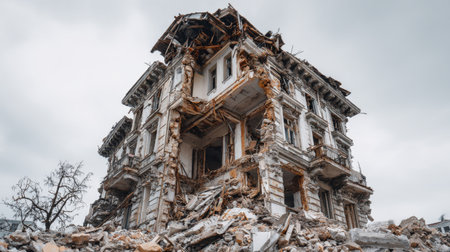 This powerful image captures a once-majestic building now reduced to ruins after a natural disaster. The scene highlights the stark contrast between destruction and the remnants of an architectural masterpiece, evoking a deep sense of loss and reflection.の素材
