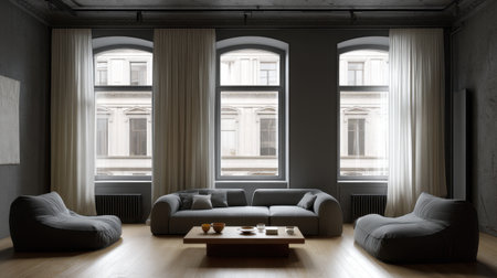A spacious modern living room featuring elegant grey furniture and large windows that invite natural light while showcasing an urban backdrop.の素材