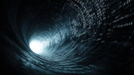 This abstract image captures the essence of a digital tunnel, representing the flow of data and technology through a captivating spiral design.の素材