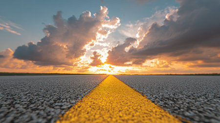 An empty highway leads into a breathtaking golden sunset, featuring dramatic clouds and a vibrant sky. This tranquil scene captures the essence of freedom and exploration.の素材
