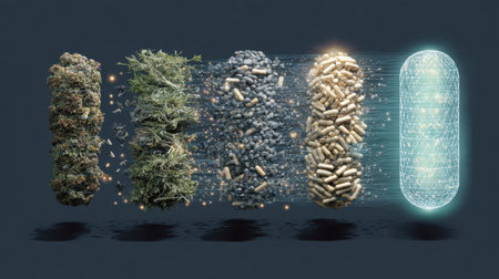 This image illustrates the transformation of natural ingredients into a digital capsule, representing modern herbal remedies and supplements. The process showcases the beauty and potential of herbal medicine in the contemporary wellness landscape.の素材