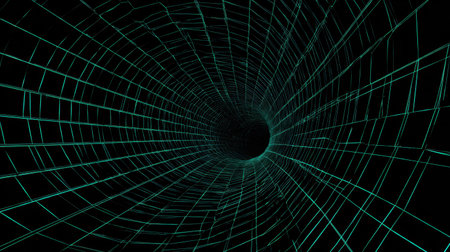 Explore the depths of an abstract digital tunnel featuring glowing grid lines in neon green against a stark black background, evoking a sense of infinite space.の素材