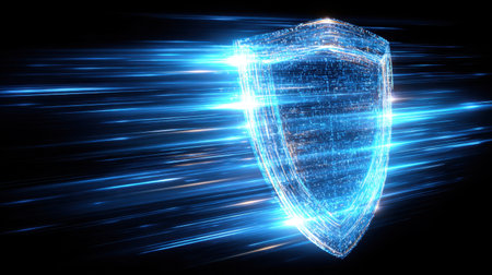 This image features a digital shield illuminated with bright lines, symbolizing protection and security in a modern tech landscape. Perfect for technology themes.の素材