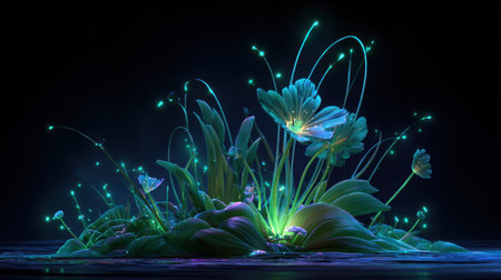 A captivating scene of an enchanted garden featuring luminous flowers and glowing plants. The vibrant colors create a magical, serene atmosphere that invites exploration and wonder. Perfect for nature lovers and fantasy art enthusiasts.の素材