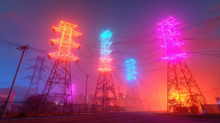 This striking image showcases glowing power towers illuminated in vibrant neon colors under a foggy night sky. The dramatic atmosphere enhances the urban scene, capturing a surreal visual effect.の素材