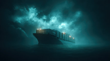 A solitary container ship braves dark and stormy waters, illuminated by eerie lights. This image evokes mystery and adventure, highlighting maritime transport.の素材