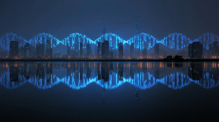 A captivating cityscape featuring a digital DNA helix projection glowing in blue against a tranquil night sky, reflected in a calm lake.の素材