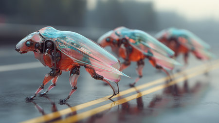 This imaginative stock photo showcases vibrant robotic creatures with transparent wings navigating a rainy road, blending technology and nature in a unique artistic expression.の素材